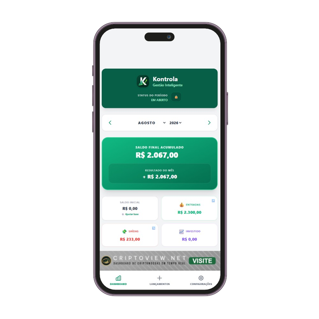 Dashboard do Kontrola mostrando saldo final acumulado, entradas, saídas e investido