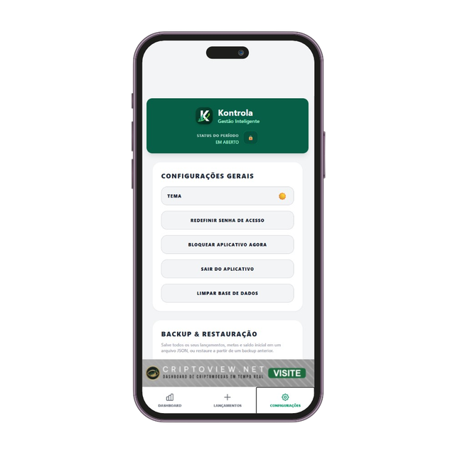 Tela de configurações do Kontrola