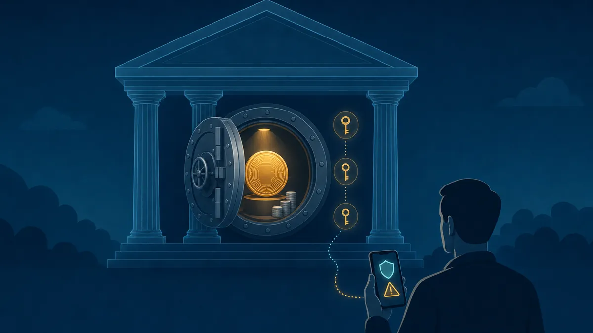 Ilustração em fundo azul-escuro de um prédio de banco com colunas e um cofre de aço entreaberto que guarda uma moeda dourada; ao lado do cofre há três chaves luminosas, e uma linha pontilhada liga as chaves ao celular de uma pessoa vista de costas, que mostra um escudo e um triângulo de alerta