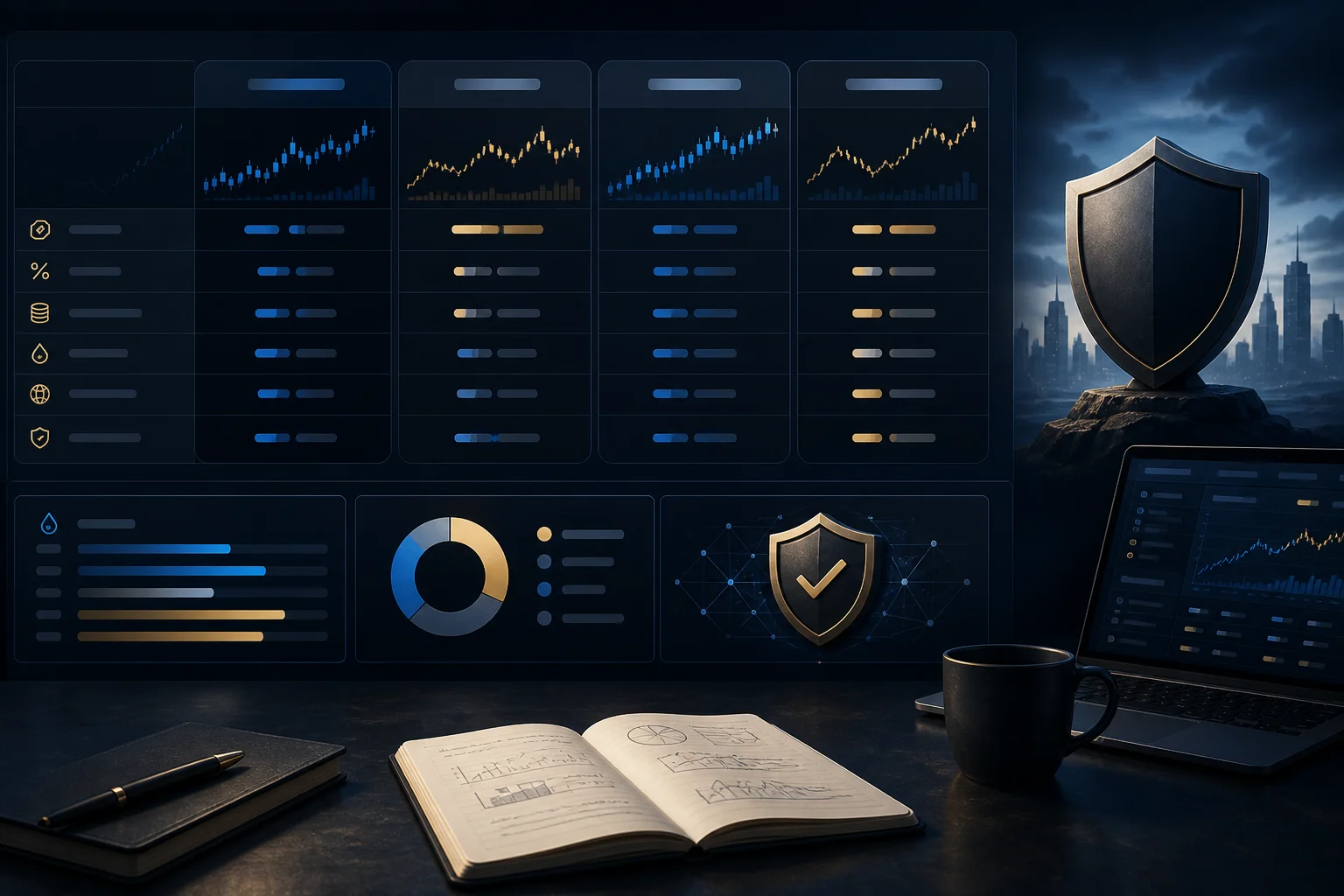 Painéis abstratos de corretoras com gráficos, taxas, liquidez e controles de segurança