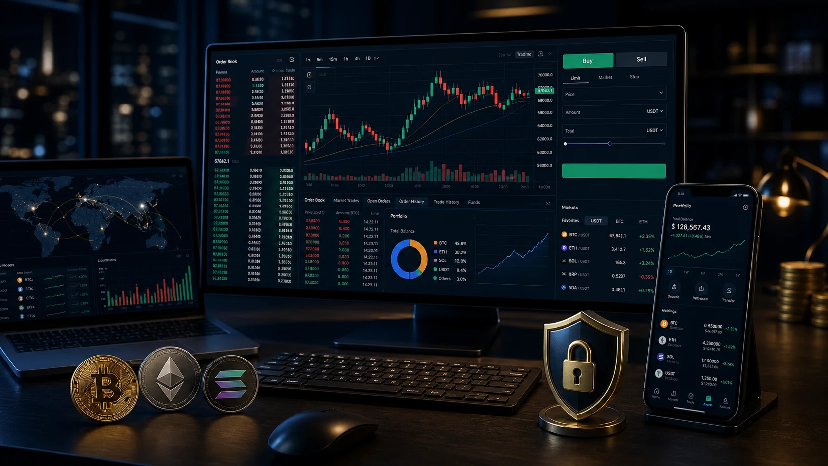 Painel abstrato de corretora cripto com liquidez, reservas e controles de segurança