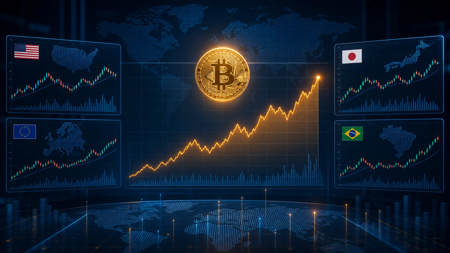 Bitcoin em alta comparado a gráficos abstratos de bolsas globais