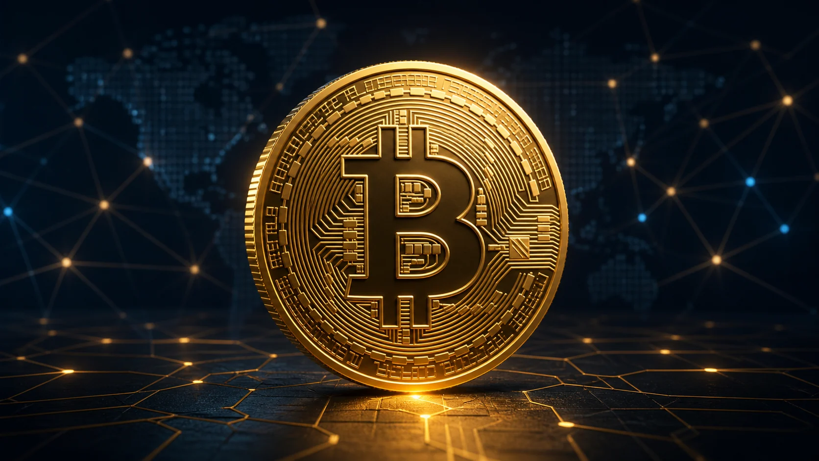 Moeda dourada com símbolo do Bitcoin em destaque sobre uma rede digital
