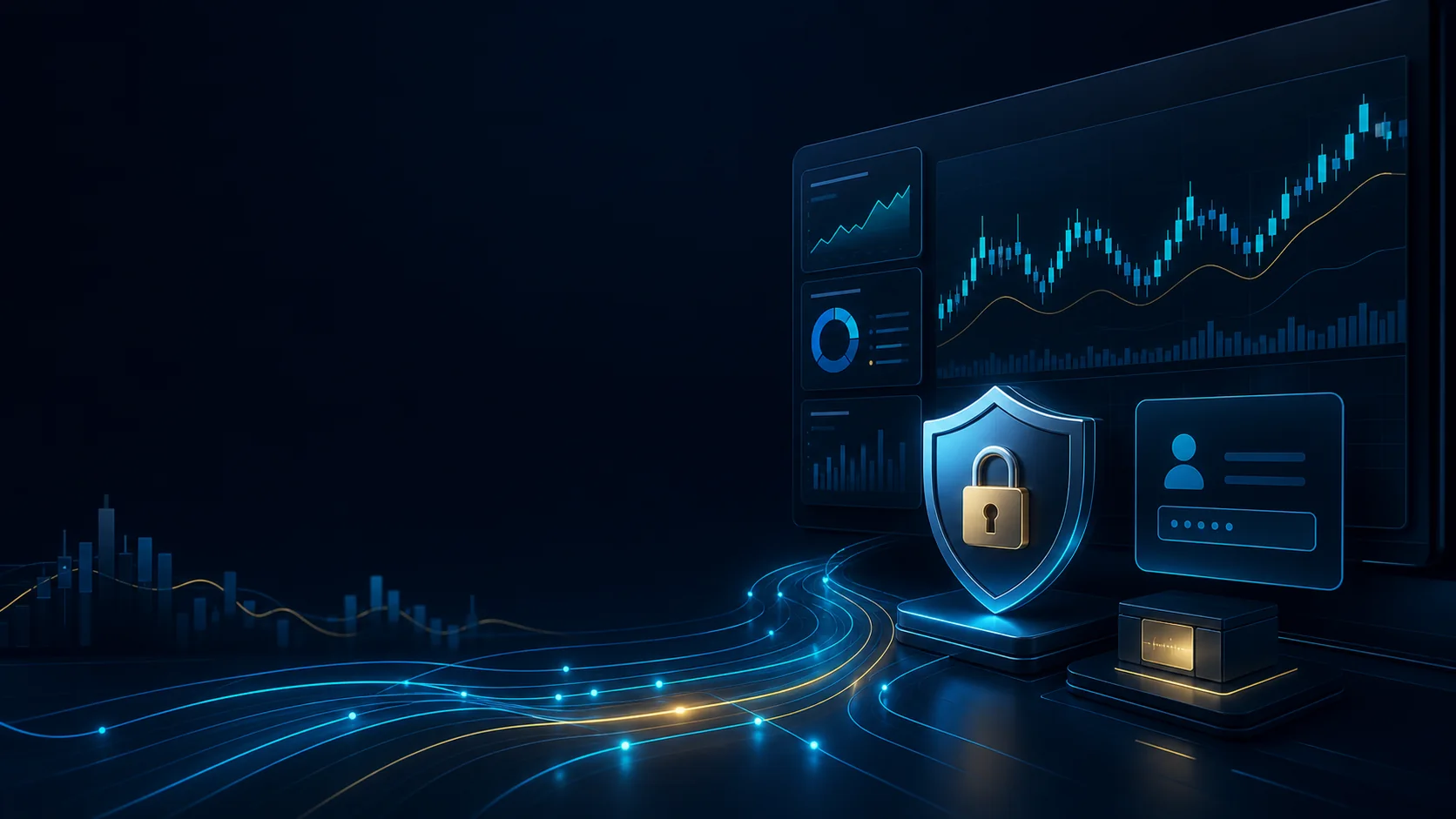 Painel abstrato de negociação, proteção de acesso e dados de mercado para uma avaliação de corretora de criptomoedas
