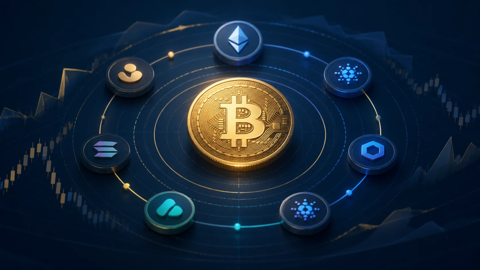 Ilustração editorial dos ciclos, da dominância do Bitcoin e da rotação no mercado cripto