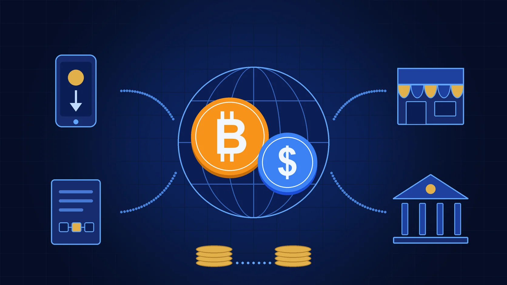 Globe with a Bitcoin coin and a digital dollar coin at the center, linked by dotted lines to a phone, a store, a tokenized document and a bank, representing real-world uses of cryptocurrencies