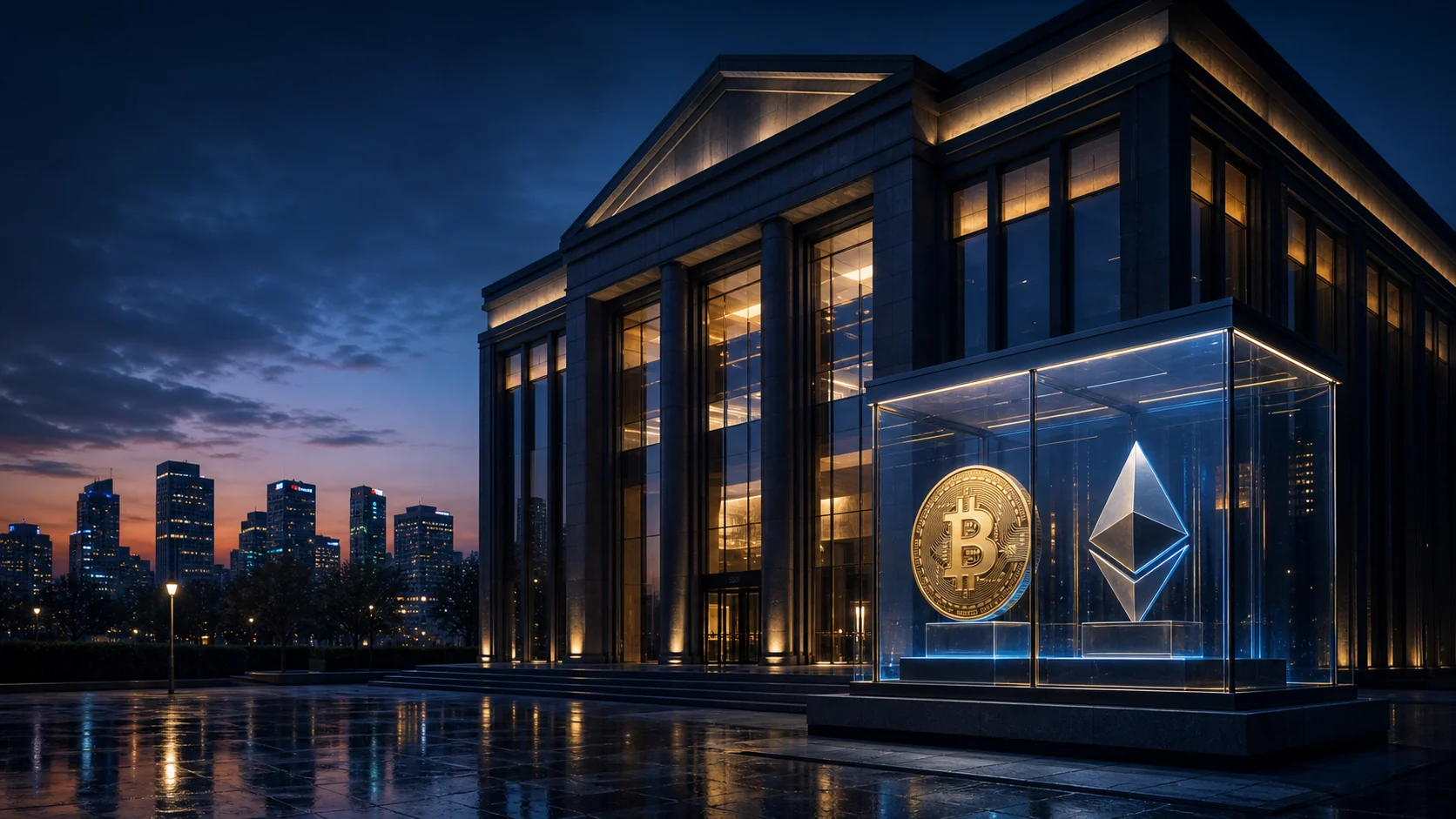 Estrutura institucional protegendo exposição a Bitcoin e Ethereum em um produto negociado em bolsa