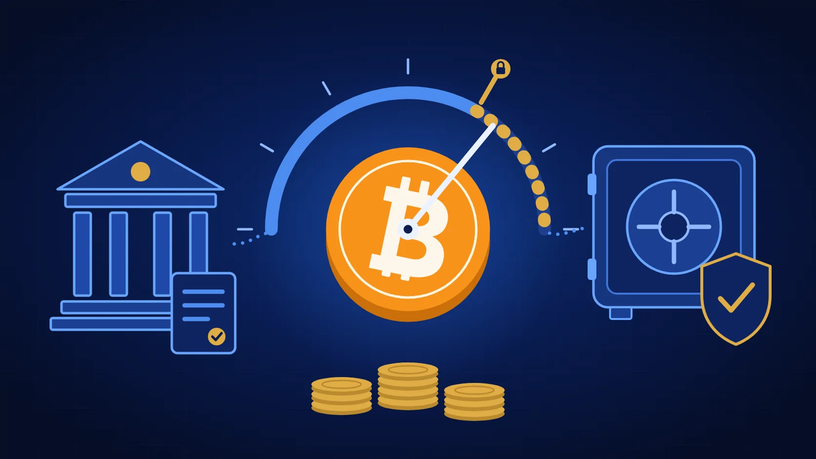 Bitcoin coin at the center of a leverage gauge with a limit marker, between a regulatory agency building with a document and a vault with a verification shield, representing US rules for exchange leverage and reserves