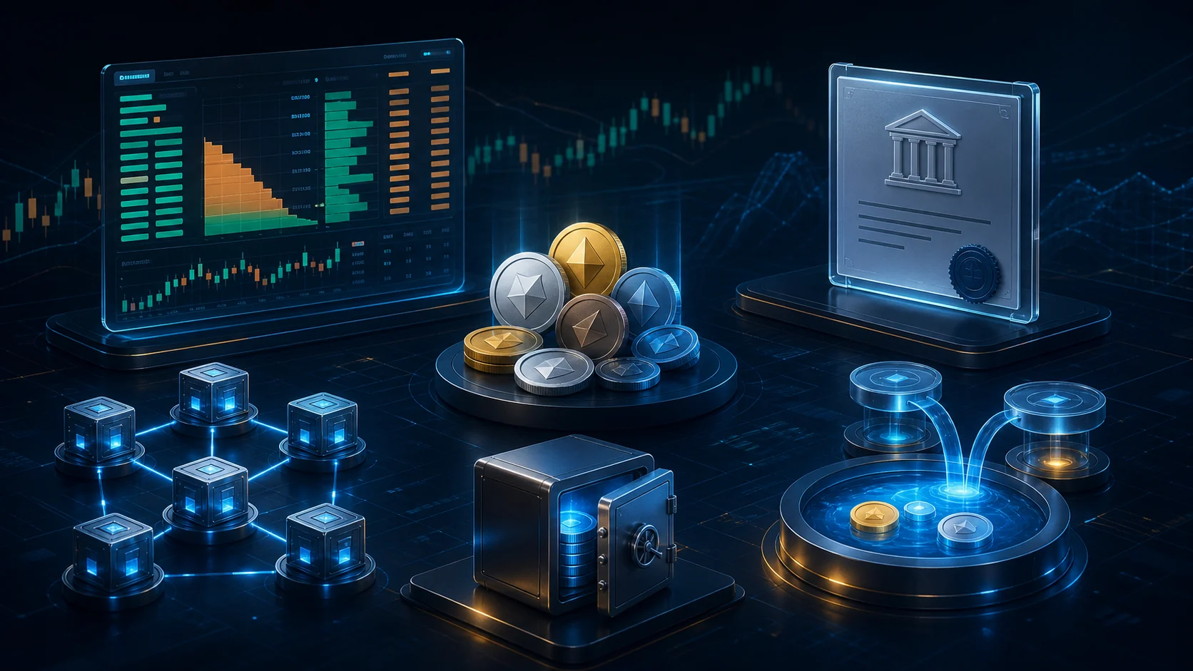 Composição editorial com negociação à vista, staking, liquidez, custódia e produtos de investimento cripto