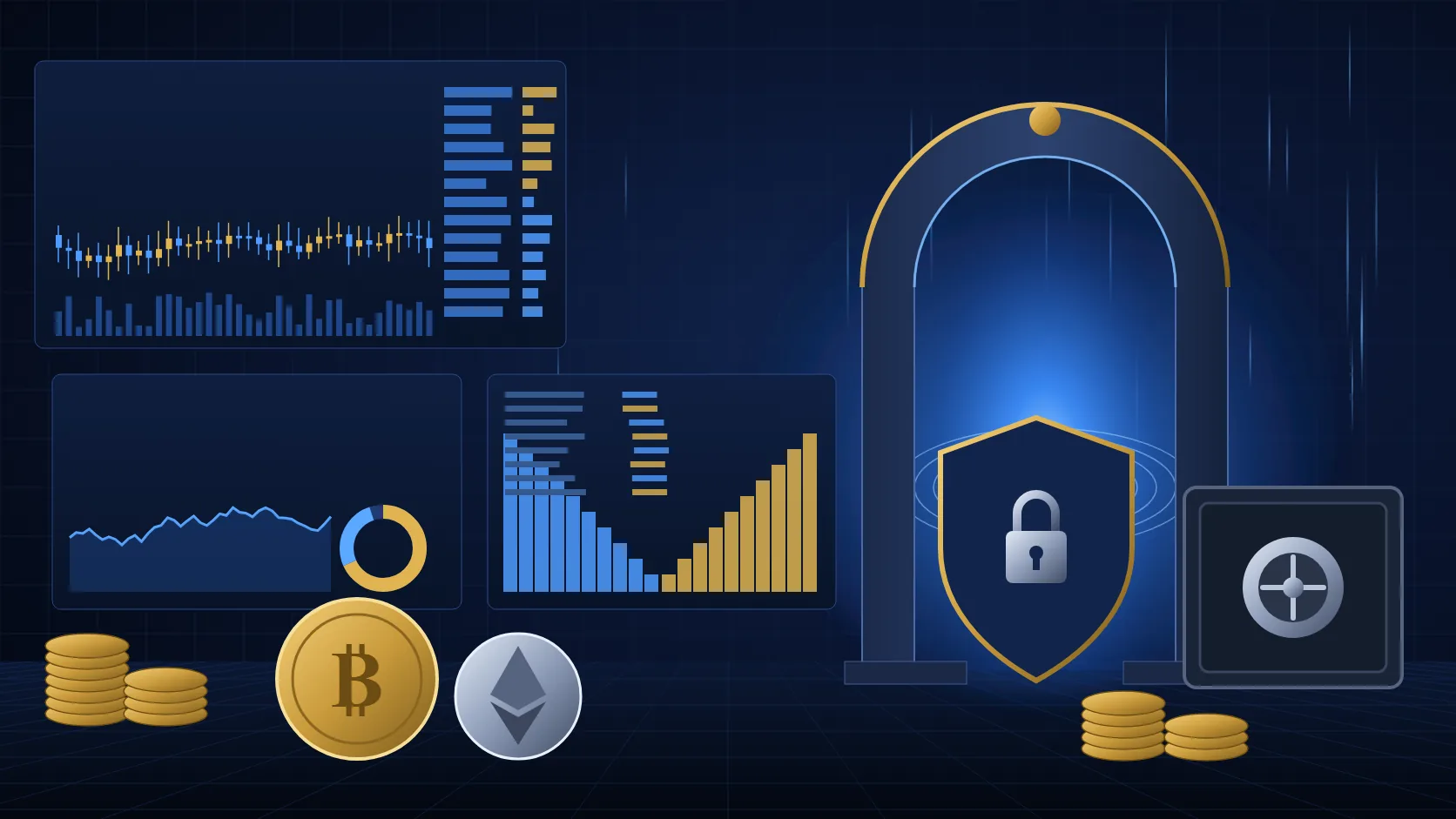 Illuminated gateway with a padlock shield and a safe next to market panels and coins, representing a review of the Gate exchange