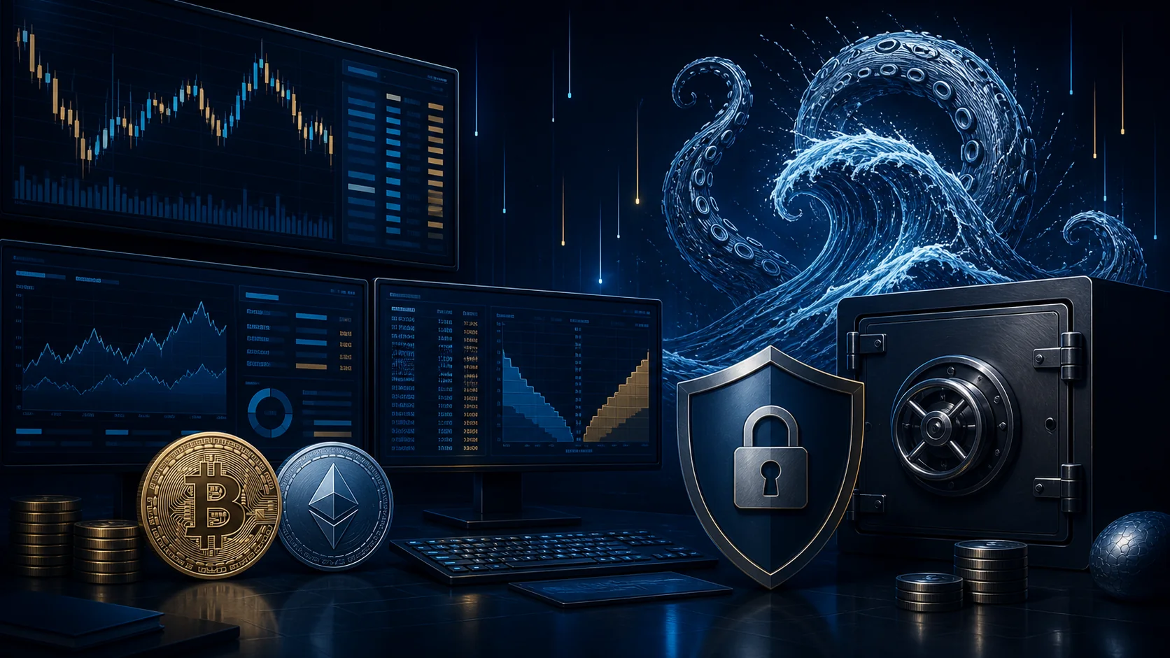 Gráficos de mercado, cofre e ondas abstratas representando uma análise global de corretora cripto