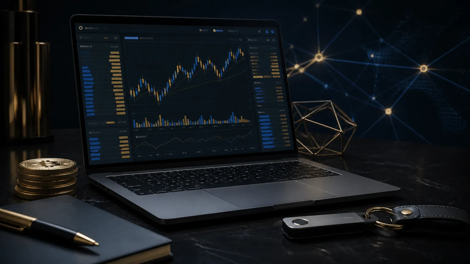 Laptop com gráficos abstratos de exchange cripto, chave de segurança e rede digital