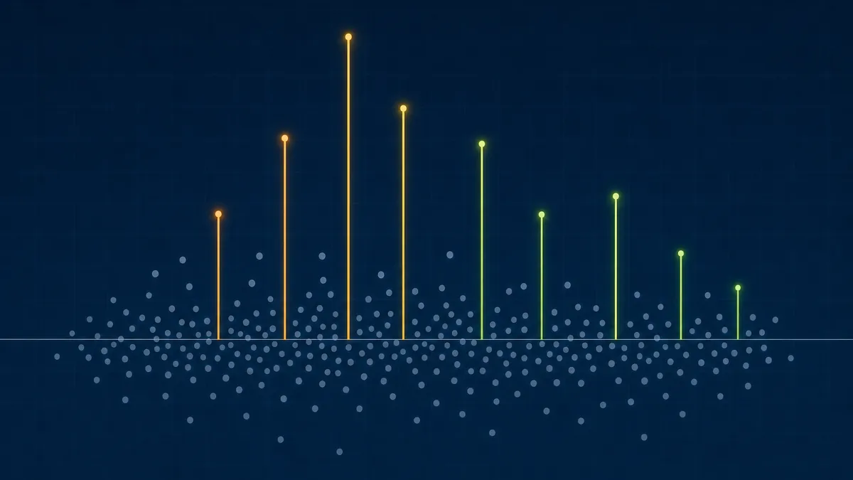Ilustração de dados em fundo azul-escuro: uma nuvem de pequenos pontos acinzentados em torno de uma linha de base e, acima dela, dez hastes luminosas em laranja e verde, de alturas diferentes, que se destacam do conjunto