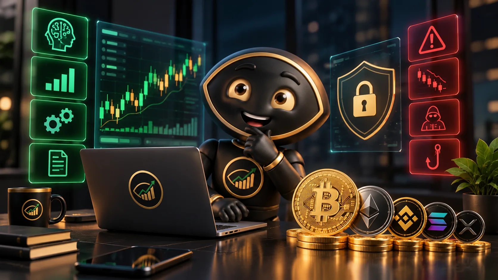 The Cripto View mascot analyzes cryptocurrency charts on a laptop with support from artificial intelligence, between a security shield and risk and scam warnings, next to Bitcoin, Ethereum, BNB, Solana and XRP coins