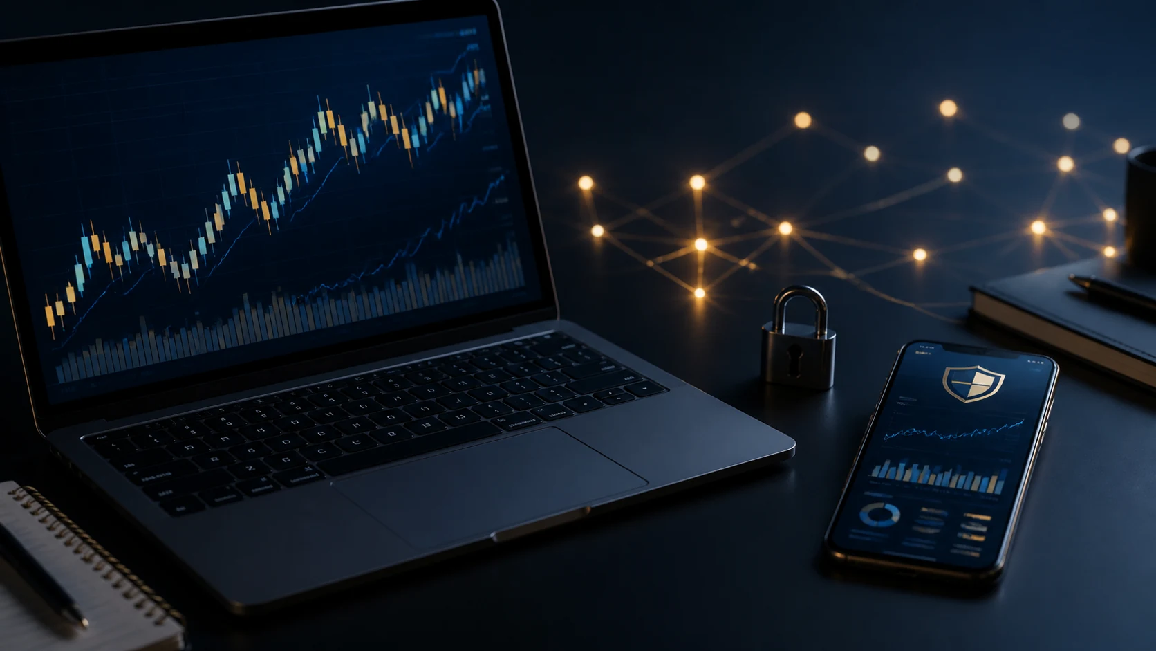 Mesa escura com gráficos de mercado, controles de segurança e rede blockchain para avaliação da OKX