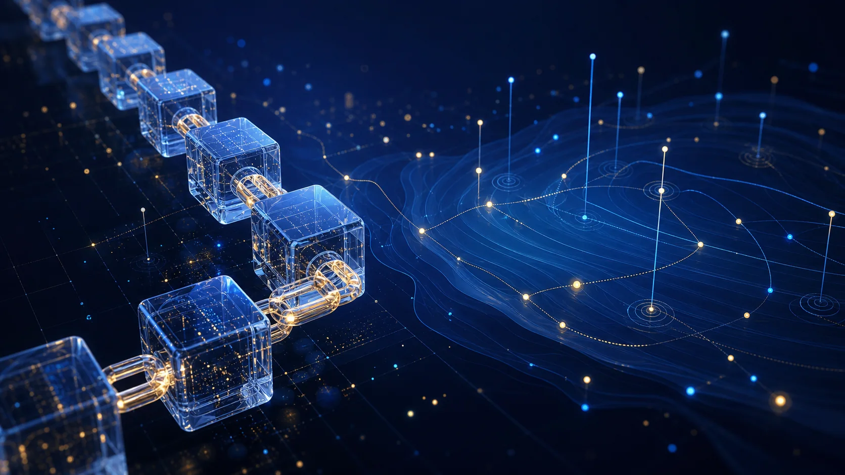 Blocos digitais conectados representando como uma blockchain registra dados e transações