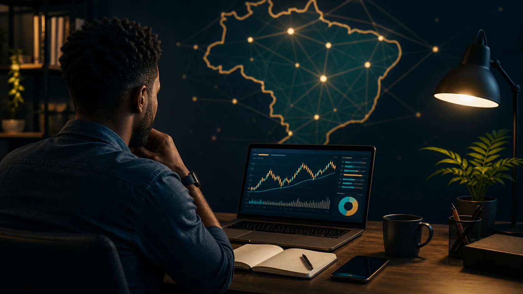 Mesa de análise com gráficos de criptomoedas, notebook e dados financeiros, representando o mercado brasileiro