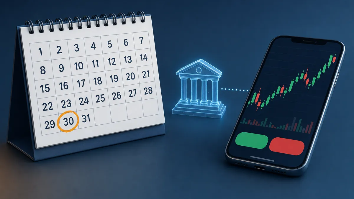 Ilustração em fundo azul-escuro com um calendário de mesa em que o dia 30 está circulado em laranja, um ícone translúcido de prédio de banco com colunas ao centro e um celular com gráfico de candles e botões de compra e venda de um aplicativo de corretora