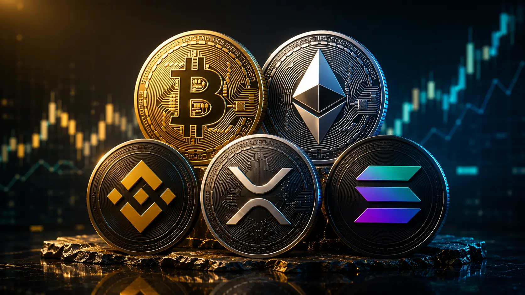 Cinco moedas digitais em tamanhos diferentes sobre um gráfico de capitalização de mercado