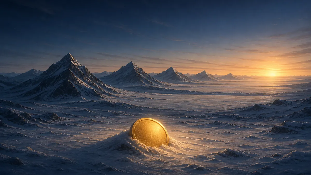 Paisagem de inverno ao amanhecer com uma moeda dourada meio enterrada na neve em primeiro plano e, ao fundo, uma fileira de montanhas nevadas seguidas de longas planícies congeladas, com o sol nascendo no horizonte à direita