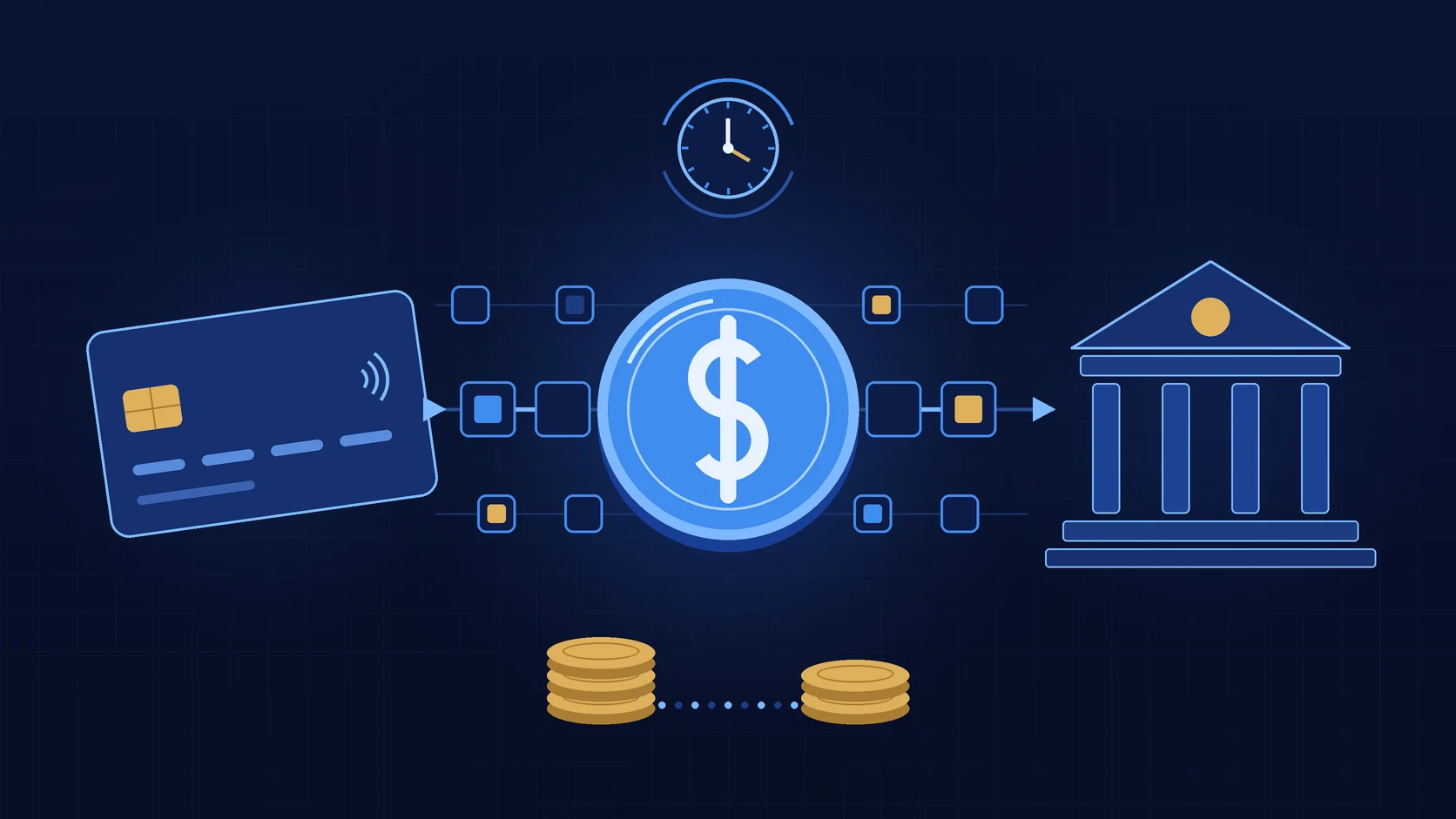 Payment card linked by a trail of blocks to a digital dollar coin and a bank building, with a clock above and stacks of coins below, representing card settlement with a stablecoin