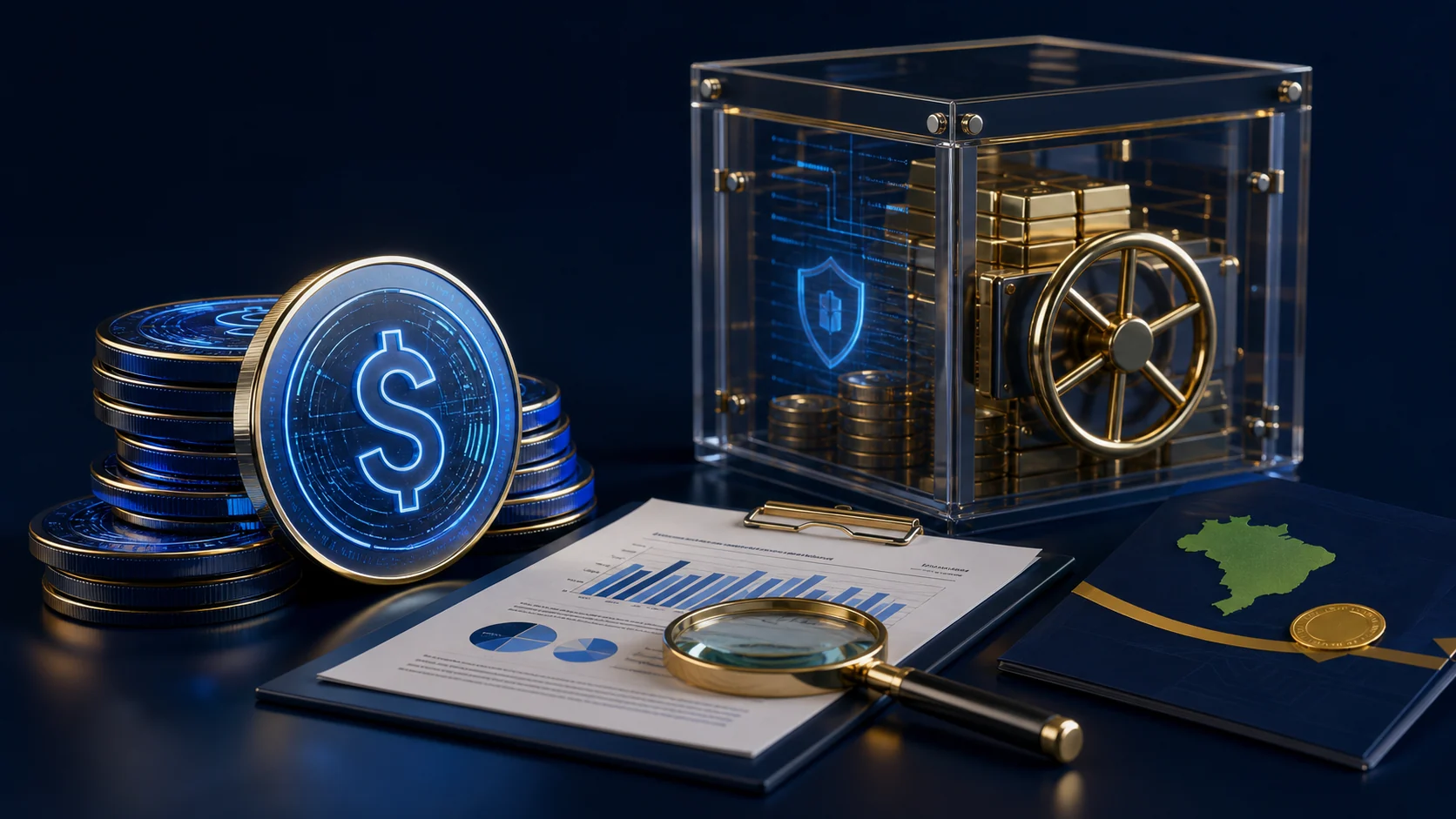 Reservas, documentos e ativos digitais representando stablecoins e regras de transparência