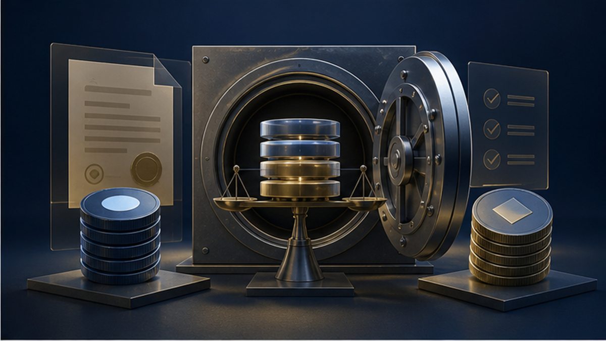 Reservas, documentos e ativos digitais representando stablecoins e regras de transparência