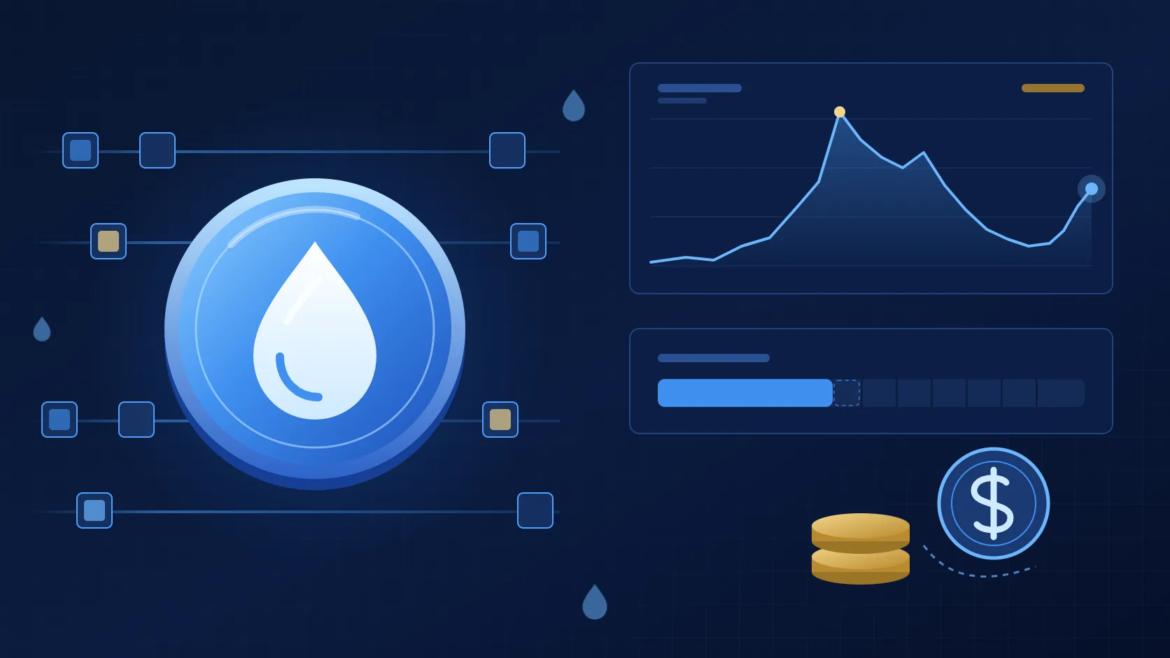 Blue coin with a water drop in the center, surrounded by blocks moving along parallel lanes, a price chart with a peak and a drop, a token release bar and dollar coins, representing the SUI token and the Sui network