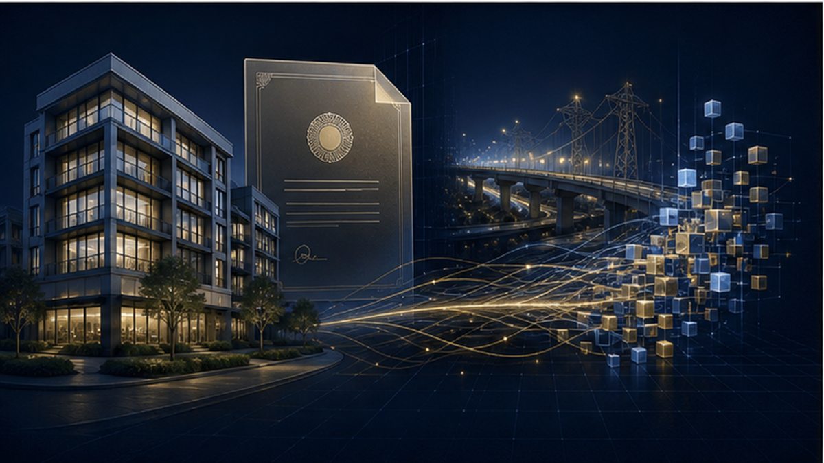 Edifício, documento financeiro e blocos digitais representando tokenização de ativos reais