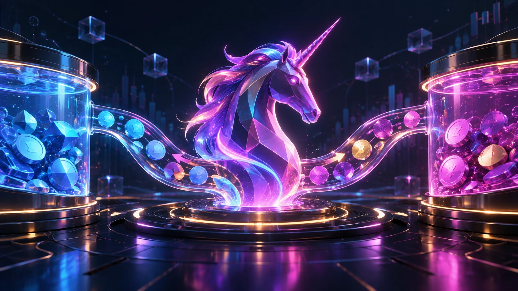A crystalline unicorn head between two glass tanks of cryptocurrencies, linked by glowing tubes swapping tokens from one side to the other, representing a Uniswap liquidity pool