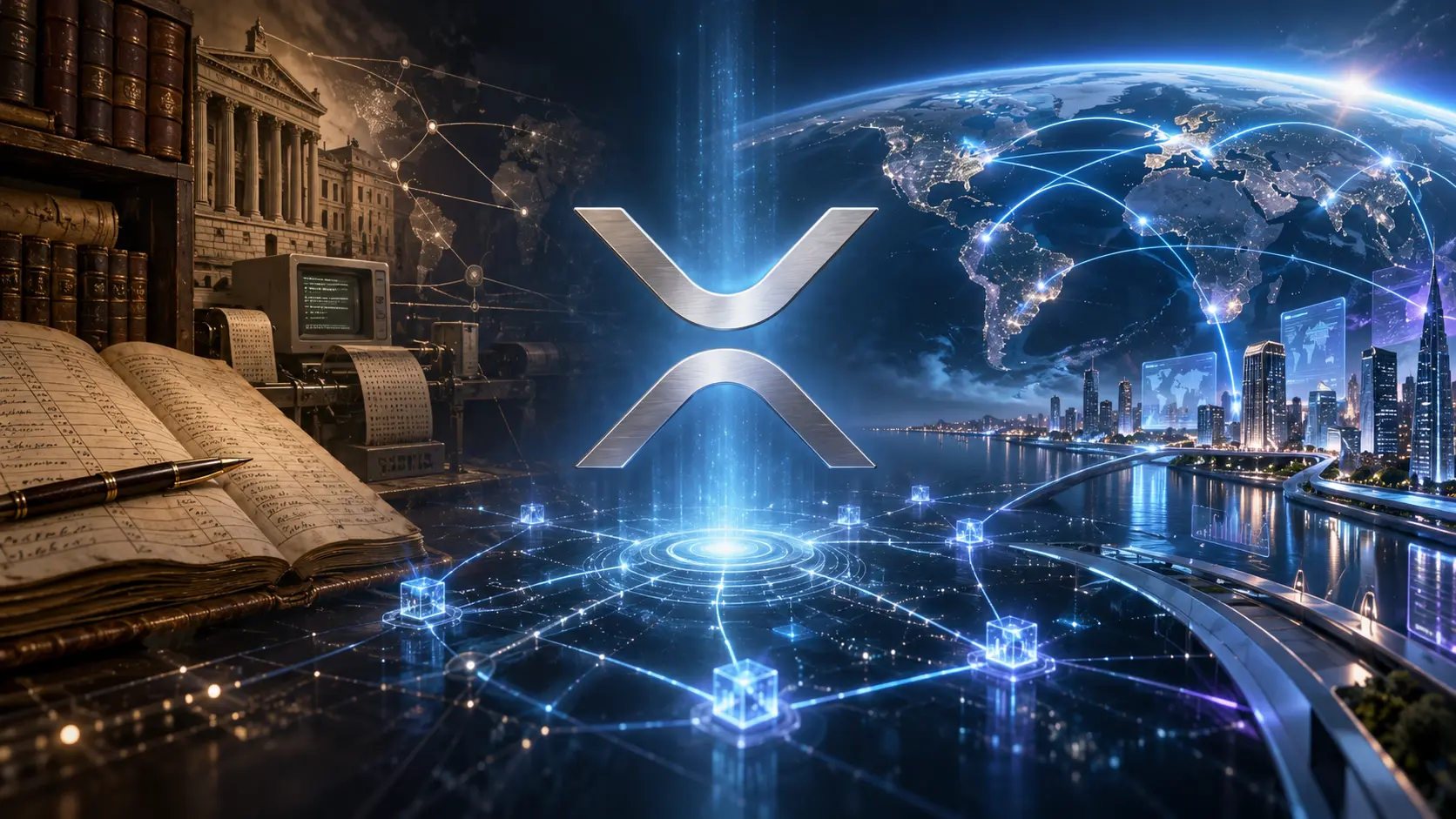 The metallic XRP symbol between an old banking office with ledgers and a telegraph machine on the left, and a futuristic city connected to a digital world map on the right, representing XRP's origin and future